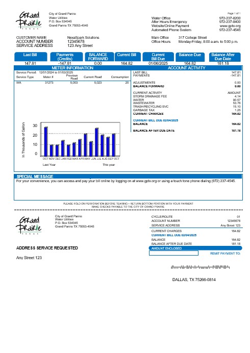 USA Texas Grand Prairie business utility bill template in Word and PDF formats